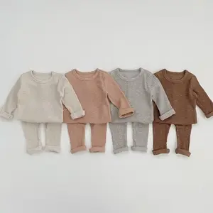 Nieuwe Populaire Herfst Winter Katoen Geribbeld Kinderen Home Wear Lounge Kleding Sets Unisex Aangepaste Baby Kleding Pak