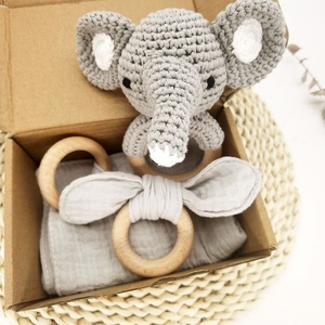 Manta de muselina de algodón para bebé, mordedor de madera con Orejas de conejo, conjunto de sonajero de elefante de ganchillo, conjunto de regalo para bebé, superventas - Product Image 6