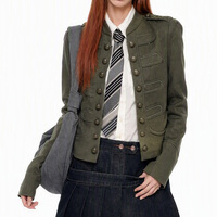 Nouvelle Arrivée Tendance Vintage Personnalisée Femme Col Montant Épaulettes Double Boutonnage Boutons Métalliques Coupe Slim Veste Courte Cargo
