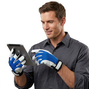 JNA GROUP Anti-Slip PU Leather Work <b>Gloves</b> Elastic Wristband <b>Blue</b> White General Purpose Safety 4 Mil Thick 10 Inch <b>Latex</b>-free - Product Image 5