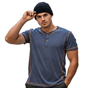 T-shirt Henley à col rond et manches courtes pour homme, formel, 100 % polyester, boutonné, basique, léger, haut d'été tricoté 180g - Product Image 2