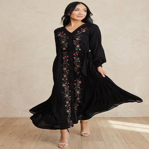 Robes décontractées pour femmes, imprimées à pois, ethniques, vintage, kaftan, longueur genoux, manches bouffantes, 100% lin, printemps-été - Product Image 3