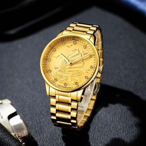 Montre automatique de luxe pour hommes, cadran en or avec bateau à voile en relief, en acier inoxydable, étanche, montre-bracelet décontractée et élégante - Product Image 4