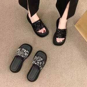 Nouvelles sandales d'été noires à paillettes pour femmes, à plateforme, à enfiler, à bout ouvert, à talon haut, confortables, avec lanières avant et arrière - Product Image 2
