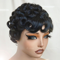 Pelucas sin encaje de cabello virgen al por mayor, pelucas vietnamitas de cabello humano corto estilo pixie, peluca rizada natural pre-arrancada con flequillo sin pegamento