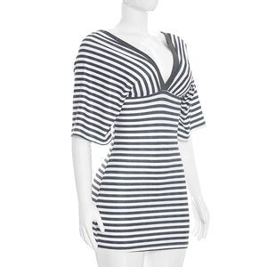 Vestido Viviblook C26DS256 para Mujer, Verano, Nuevo, Estampado a Rayas, Cuello en V, Espalda Descubierta, Manga Corta, Mini Vestido Ajustado - Product Image 2