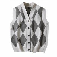 Gilet cardigan tricoté personnalisé pour homme, col en V, 12GG, anti-rétrécissement, jacquard, motif losanges, patchwork, boutonné, sans manches, pull d'hiver