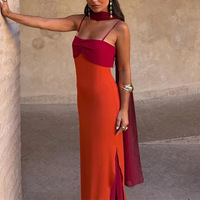 Robe longue femme prête à être expédiée, bicolore, à fines bretelles, col foulard, dos nu, coupe ajustée, élégante, pour soirée d'été