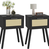 Table de chevet noire avec tiroir et pieds en bois massif, table de chevet en rotin pour chambre à coucher, salon, table d'appoint pour canapé
