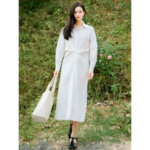 Elegante Vestido Camisero Vintage de Alta Gama para Mujer, Diseño Plisado Blanco, Corte Holgado y Recto, <span class=keywords><strong>Falda</strong></span> Larga - Product Image 1