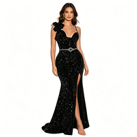 Robe de soirée sirène élégante noire, asymétrique, à bretelles, en velours pailleté, avec fente haute, pour femme, personnalisable