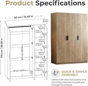Armoire de salon moderne en bois avec 3 portes 176 x 80 x <span class=keywords><strong>52</strong></span> cm avec 1 tringle à vêtements et 4 étagères en MDF écologique - Product Image 2