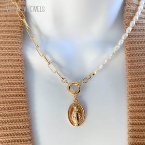 NM53865 Plaqué Or Demi Trombone Chaîne Perle D'eau Douce Vierge Marie Pendentif Collier Sailor Boucle Collier Bijoux Religieux - Product Image 5