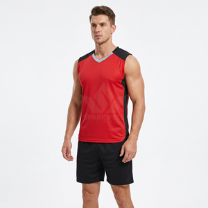 Ensemble de maillot de basket-ball sans manches pour hommes, rouge et noir, col en v, en Polyester, évacuant l'humidité, vêtements de sport pour toutes les saisons - Product Image 1