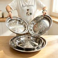 Plateau de service rond profond en acier inoxydable économique 30CM-55CM, résistant à la rouille, grand plateau profond en métal pour restaurant