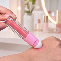 Gloss à lèvres liquide brillant avec applicateur éponge, tubes fins transparents, bandes roses, nuances rouge corail et rouge baie, vente en gros, OEM, logo personnalisé