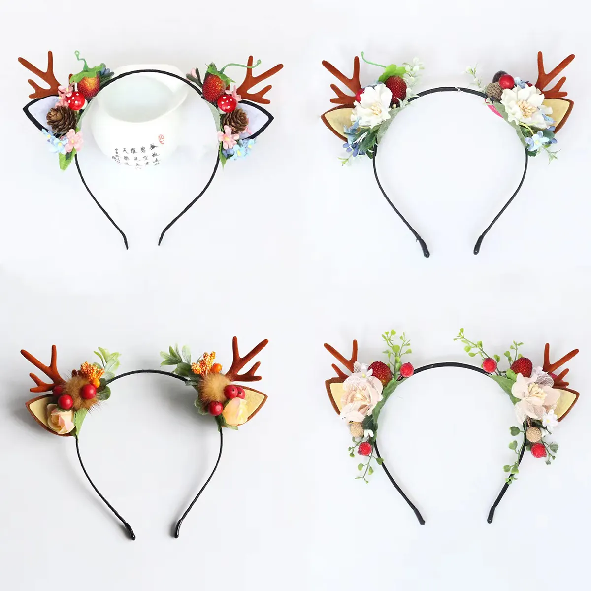 Wholesale Christmas hair accessories Reindeer headband Cute antler ears Berry flower headband Party gift girl headband