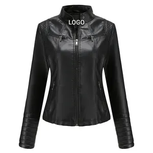 CARANFIER Free LOGO OEM Women's Slim Short PU Leather Jacket Casual Stand Collar Thin Solid Motorcycle Fashion New Design