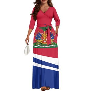 Polynesian Haitian Pattern Elegant V Neck Maxi Dress Customized Logo Half Sleeve Pocket Dress New Arrivals Tie Waist Skirts <strong>Hot</strong> - Product Image 2