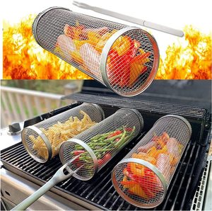 Garden Supplies 2 Pcs Stainless Steel Grill Basket Cylinder BBQ <b>Smoking</b> Accessories Round Rolling Rack Grilling Wire Mesh Basket - Product Image 1