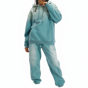 Ensemble pantalon de survêtement à capuche XXL 100% coton pour homme Logo personnalisé Patch en détresse délavé au soleil Fermeture à glissière coupe-vent Grande taille Été - Product Image 1