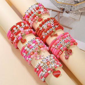 Valentine's Day Women's <b>Beaded</b> <b>Bracelet</b> Set Heart Shape Love Gift Jewelry Pink Red Charm <b>Bracelets</b> for Girls - Product Image 1