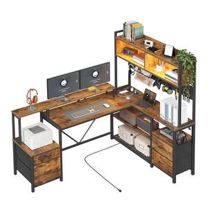 Large Gaming <strong>Desk</strong> Corner Storage Shelves Monitor Stand Home Office <strong>Rustic</strong> Brown L Shaped Computer <strong>Desk</strong> with Drawers - Product Image 3