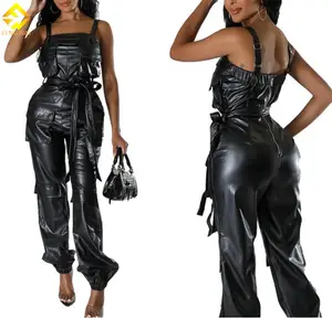 Vrouwen 2024 Mode Cargo Pocket Strap Pu Lederen Sexy Party Jumpsuit Ins Street Romper Eendelig Playsuit