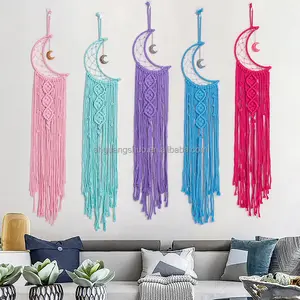 Renkli ay yıldız Dream Catchers dekor makrome dokuma Dream catchers Bohemian duvar asma yatak odası ev dekor ay süsler