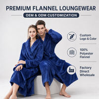 Peignoir en flanelle bleu roi personnalisé OEM unisexe, doux en polaire de polyester, col châle, long, pour couples