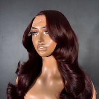 Perruques Lace Frontal en Cheveux Humains Pré-Pluckées Couleur Bourgogne 99J, Cheveux Vierges Bruts Pré-Pluckés, Perruque Lace Frontale Ondulée Sans Colle