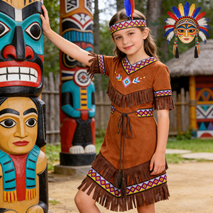 Costume d'Halloween pour enfants, style autochtone amérindien, inspiré de films et de séries télévisées, avec robe à manches courtes et col rond, ceinture et bandeau à pompons - Product Image 5