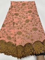 Tissu sergé 100 % coton pur K/C pour dentelle voile, broderie florale dorée, strass, 5 yards pour robe de mariée et jupes nigérianes