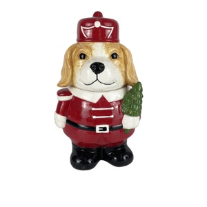 צנצנת עוגיות קרמית בצורת כלב באסט האונד לחג המולד. עיצוב תלת-ממדי בהתאמה אישית, צבוע ביד, מצלם את המראה הזקוף והמקסים של הכלב לחג - Product Image 1