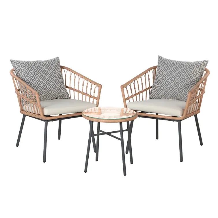 籐会話椅子ガラストップテーブル付き2席厚いクッションガーデンラウンジチェア付き屋外籐チェア