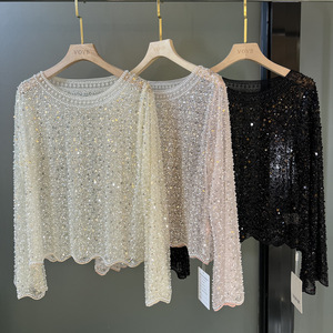 Blusa Elegante para Mujer con Cuentas y Lentejuelas, Manga Larga, Nueva, Estilosa, Versátil, con un Toque Delicado - Product Image 1