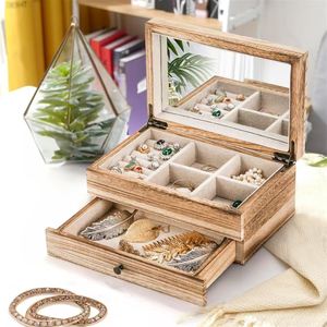 Wood Jewelry <b>Box</b> Double Layer Storage With <b>Mirror</b> And Drawer For Rings Earrings Necklaces Rectangle Lightly Calcined Wood - Product Image 1
