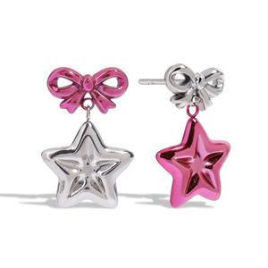 European American Stainless Steel Star Bow Pink <b>Stud</b> Earrings Trendy Gold-color Plating Youthful Sweet Cool Women's Anniversary - Product Image 1
