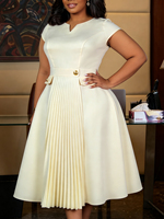 ADR060396 Robe plissée simple à manches courtes, coupe trapèze, grande taille, décontractée, couleur abricot pour femme