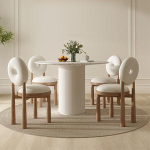 Cream Colored Lamb Wool <b>Chair</b> Terrazzo <b>Round</b> Dining <b>Table</b> Set 5 Piece Space Saving Dining Room Furniture - Product Image 4