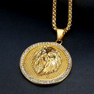 Colgante de cabeza de león chapado en oro de acero inoxidable con diseño redondo con incrustaciones de diamantes para collar de hombre, regalo. - Product Image 2