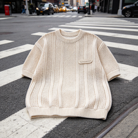 Pull court en maille ajourée pour homme, col rond oversize, style streetwear, avec étiquette personnalisée, marque OEM sur mesure