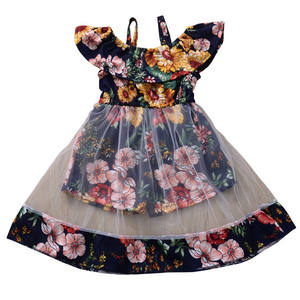 Vestido de fiesta floral con volantes y cuello de encaje de hilo para niña, estilo bohemio, con estampado de girasoles - Product Image 1
