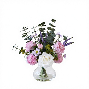 Bouquet <span class=keywords><strong>de</strong></span> fleurs artificielles haut <span class=keywords><strong>de</strong></span> gamme aux couleurs printanières, roses, pivoines, eucalyptus, en pot, finition moulée, pour bureau - Product Image 1