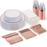 Ensemble de vaisselle moderne haut de gamme pour fête, assiettes en plastique avec bordure argentée et or rose, gobelets, couteaux, fourchettes, cuillères, vaisselle jetable, modèle 021 en stock