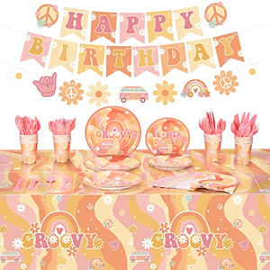 Assiettes et gobelets en papier Hippie Two Groovy Flower Bus, vaisselle jetable pour enfants, décorations de fête d'anniversaire bohème - Product Image 1