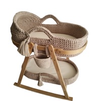 Panier de Moïse ovale en crochet fait main transfrontalier, avec poignée, cadre portable, en corde de coton tressée, pour bébé, avec bandes de tissu, pour nouveau-né
