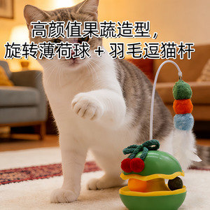 <b>Cat</b> Roly Poly Pom Pom <b>Toy</b> With Feather Stick Boredom Buster For <b>Cats</b> <b>Interactive</b> Play Green Yellow Red - Product Image 5