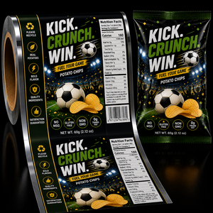 Pellicola in rotolo per confezionamento popcorn e patatine in plastica con stampa personalizzata e sigillatura a caldo sul retro, per tornei calcistici 2026 - Vendita all'ingrosso - Product Image 1