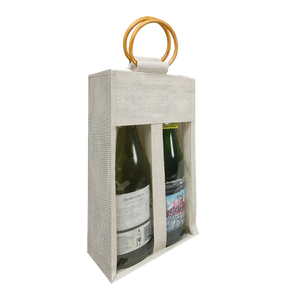 Bolsa para DOS botellas de vino con ventana, asa de palma, tela de yute teñida, PVC con efecto acuarela, diseño geométrico vintage, unisex, abierta, 1000 unidades - Product Image 4